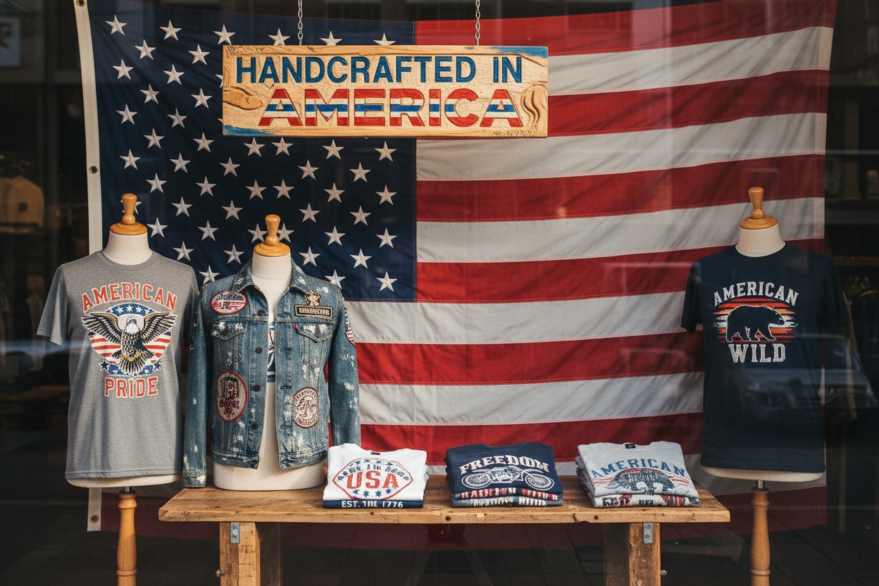 A store window display features mannequins wearing Americana-themed clothing in front of a large American flag and a sign reading "Handcrafted in America."